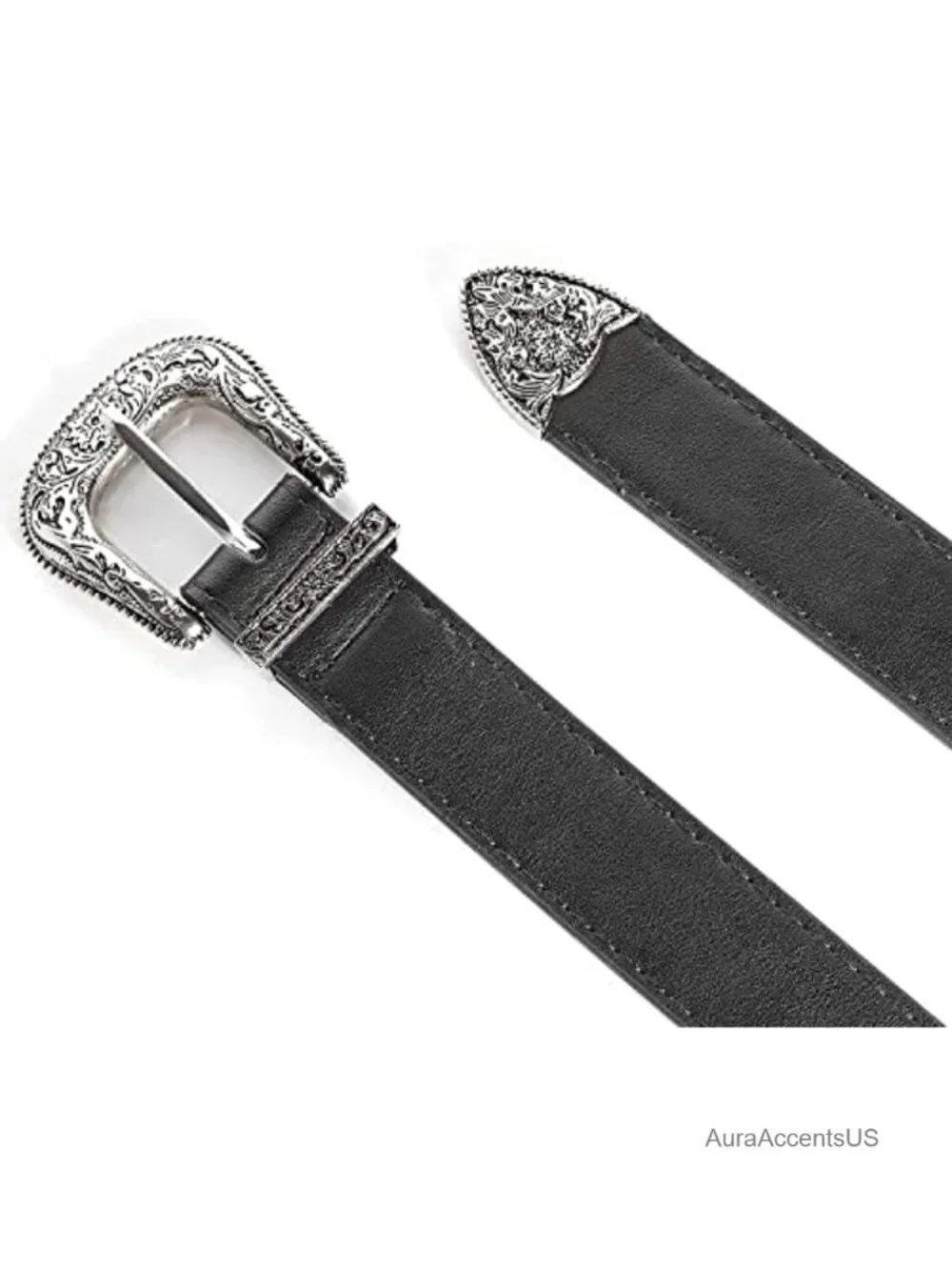 Faux Leather Vintage Western Belt with Hollow Out Floral Buckle